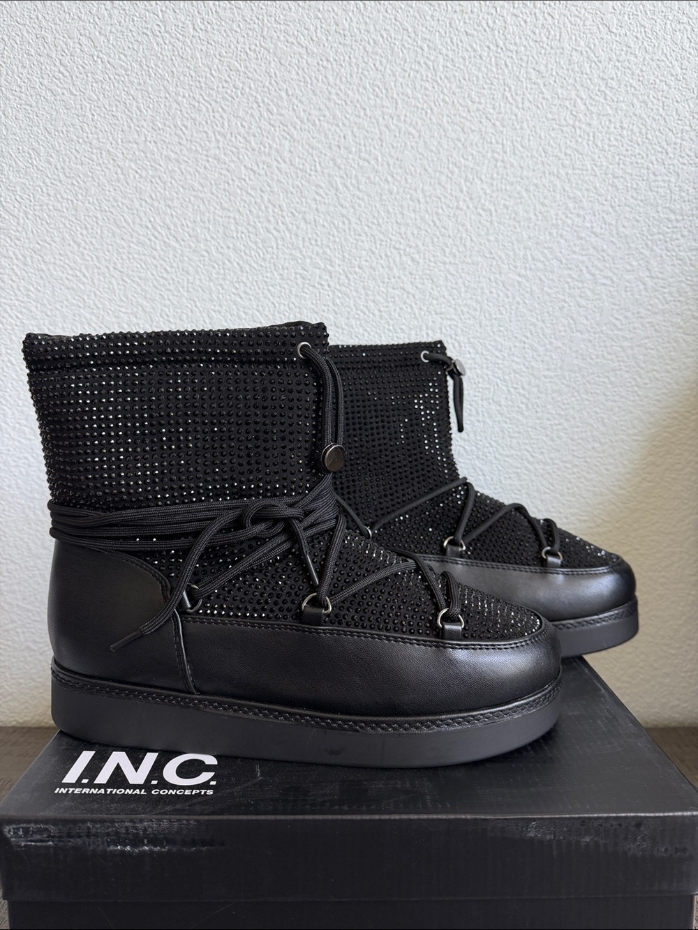INC International Concepts Brooklynn Black Bling Winter Booties NIB